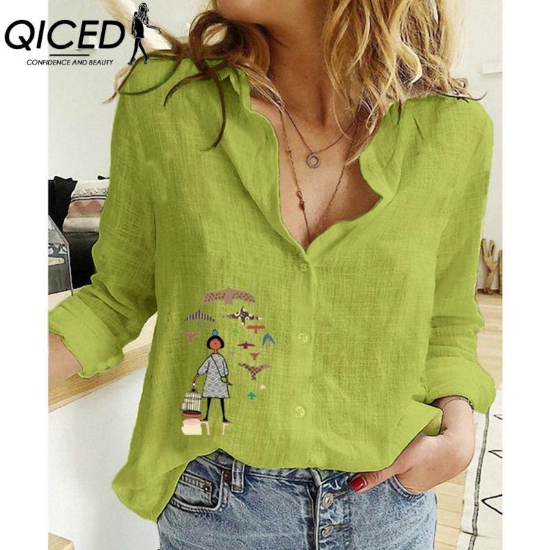 QICED Blusas y Camisas Casuales de Moda para Mujer con Estampado de Peces Pequeños, Manga Larga y Cuello Polo