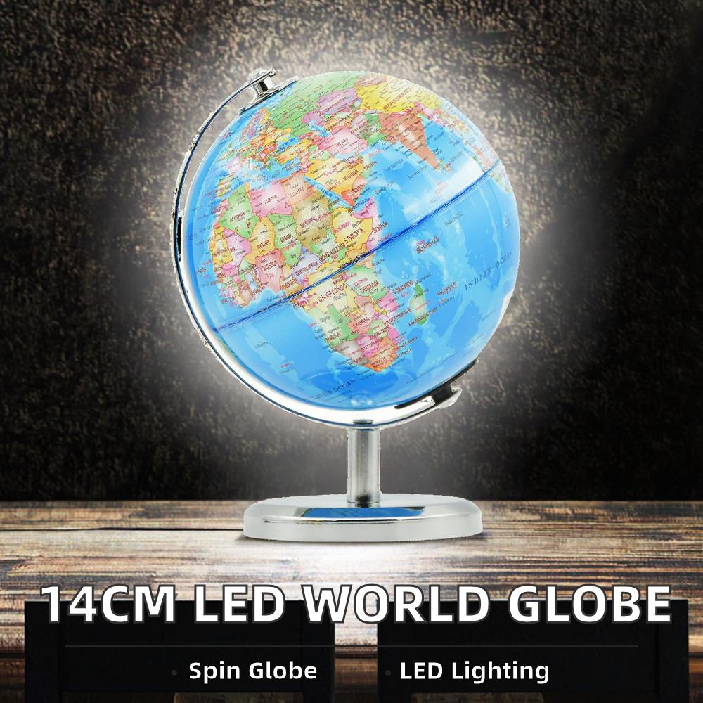 EXCELLENCE 14cm Metal with Stand Rotating Geography Education Globe Earth World Map Led Lights School Teaching Tool