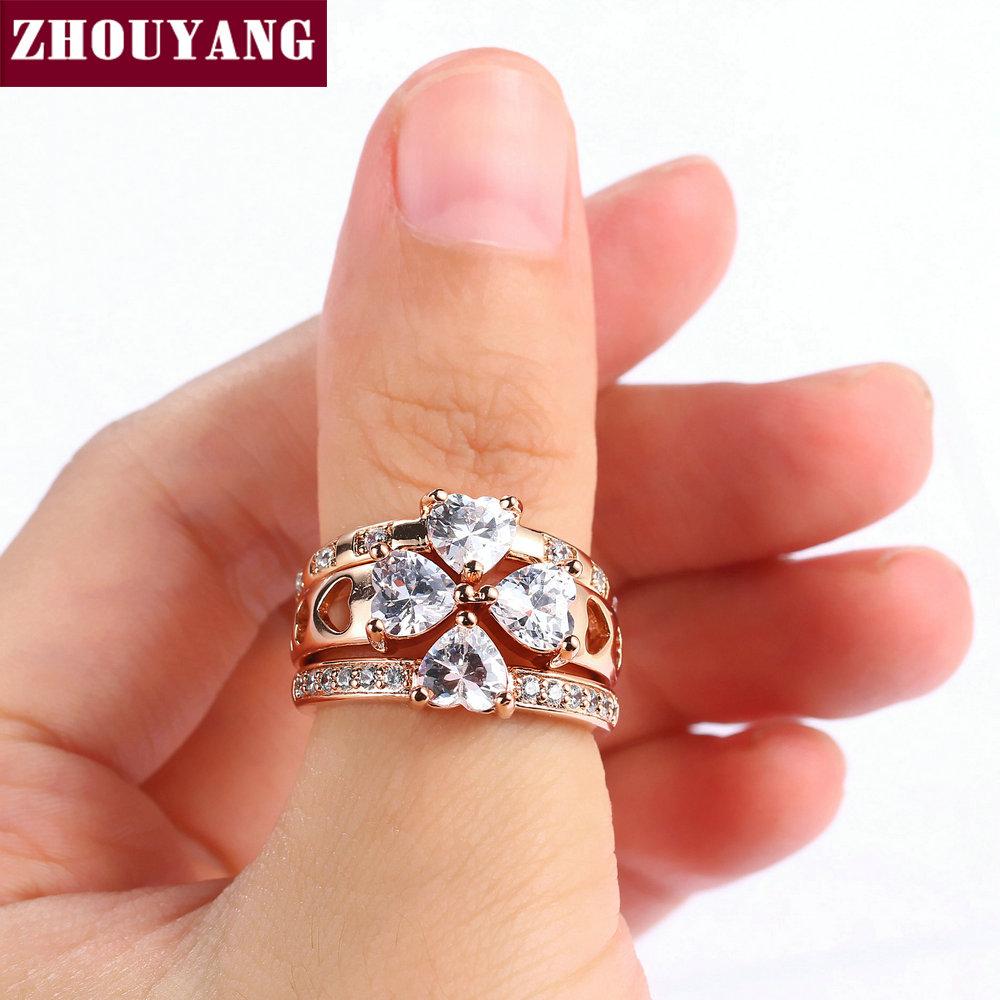 Luxury Lucky Clover Ring Sets For Women Sweet heart Wedding Cubic Zirconia Rose Gold Color 3 PCS Fashion Jewelry R673