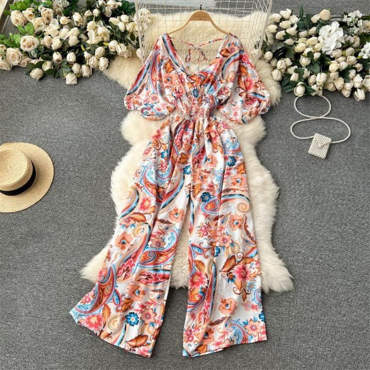 Sexy Waist Slim Jumpsuit with Dolman Sleeves Polka Dot Print Wide Leg Trousers Neck Design