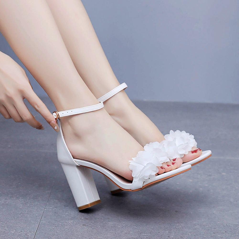 Fashion Flower Band Bridesmaide Shoes Woman Wedding High Heels Sandals Ankle Strap Wedges Cover Heeled Tacones Ladies Office Dress Pumps