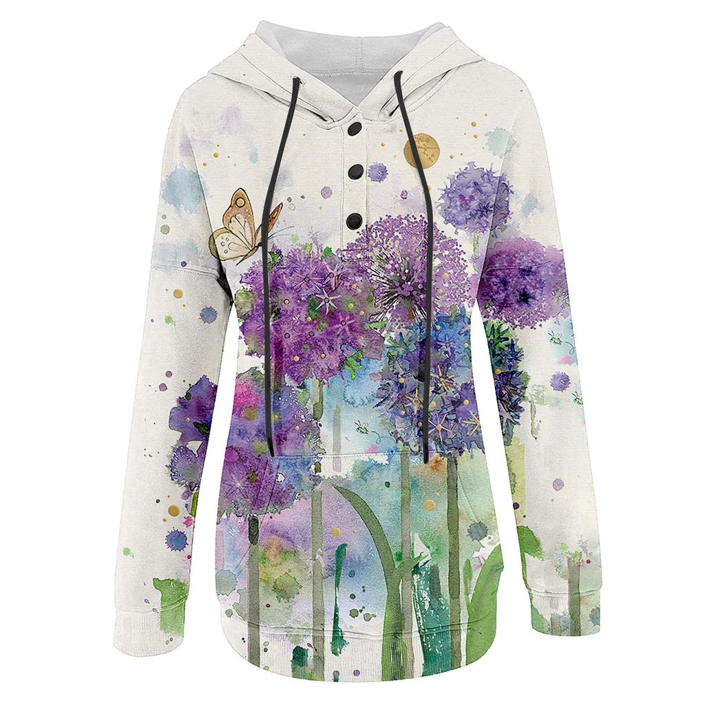 Dámská ležérní móda svetr s dlouhým rukávem a kapucí s květinovým potiskem
