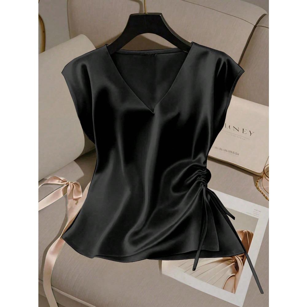 Einfarbige Satin-Kurzarm-T-Shirt-Bluse für Damen, Sommerlich Dünn und Stilvoll, V-Ausschnitt, Slim Fit