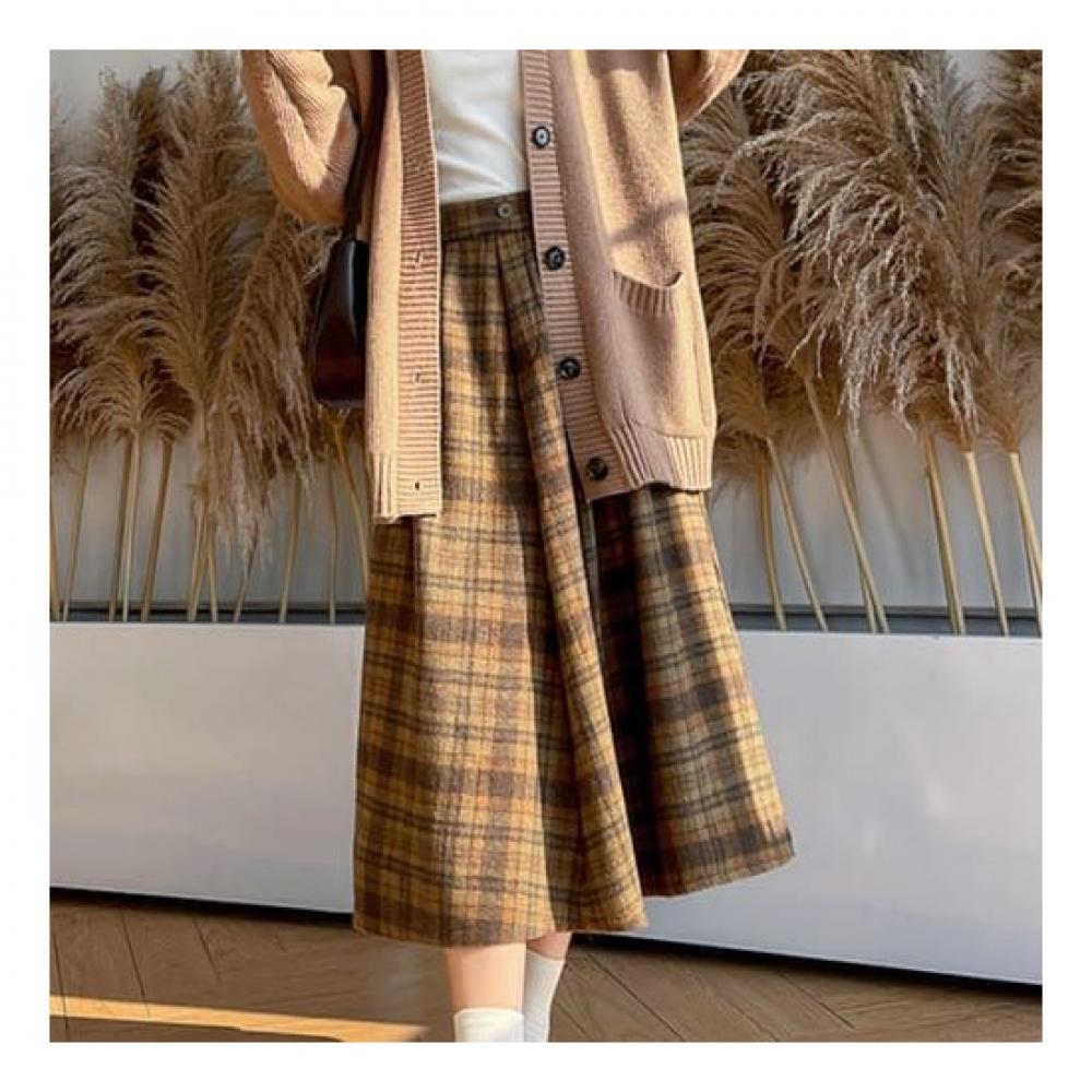 Navava Checked Back Banding Wool Skirt Ns329