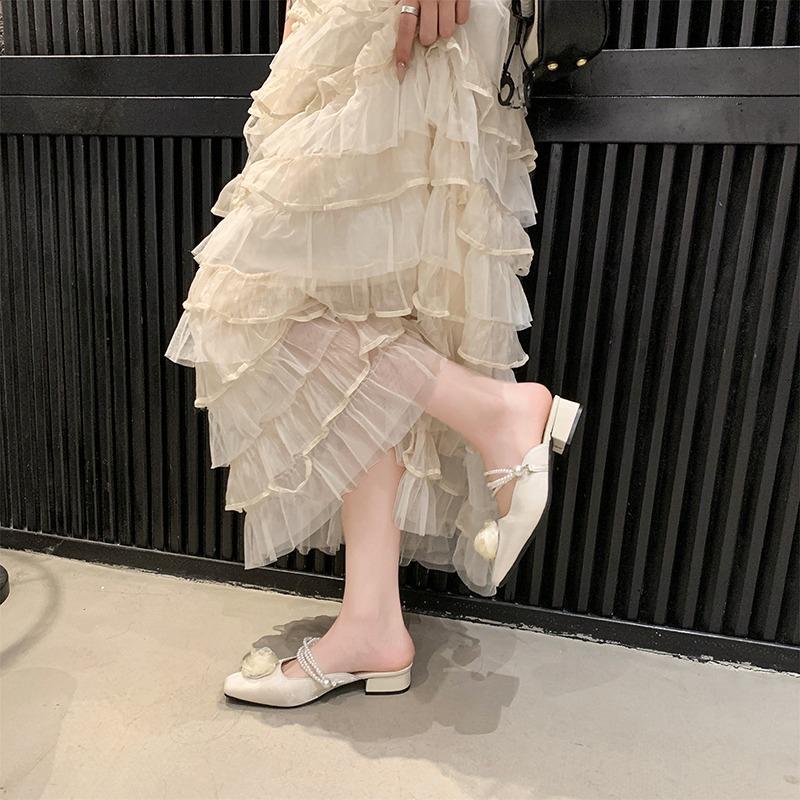 Mules for Women 2026 String Bead Square Heel Cover Toe Low High-Heeled Shoes Lady Flower Ladies' Slippers Block Slides Floral