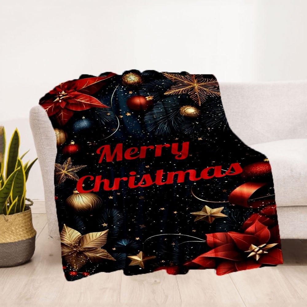 "Merry Christmas" Festive Ornament SetBlanket Flannel Throw Blanket for Sofa, Bed, Travel, Camping, Office