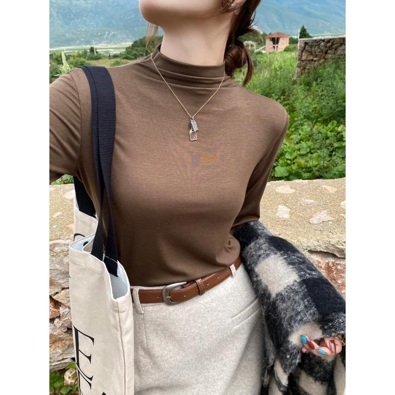 New Gray Slim Half Turtleneck Bottoming Shirt with Autumn and Winter Long-sleeved T-shirt for Women Solid Color Modal Top