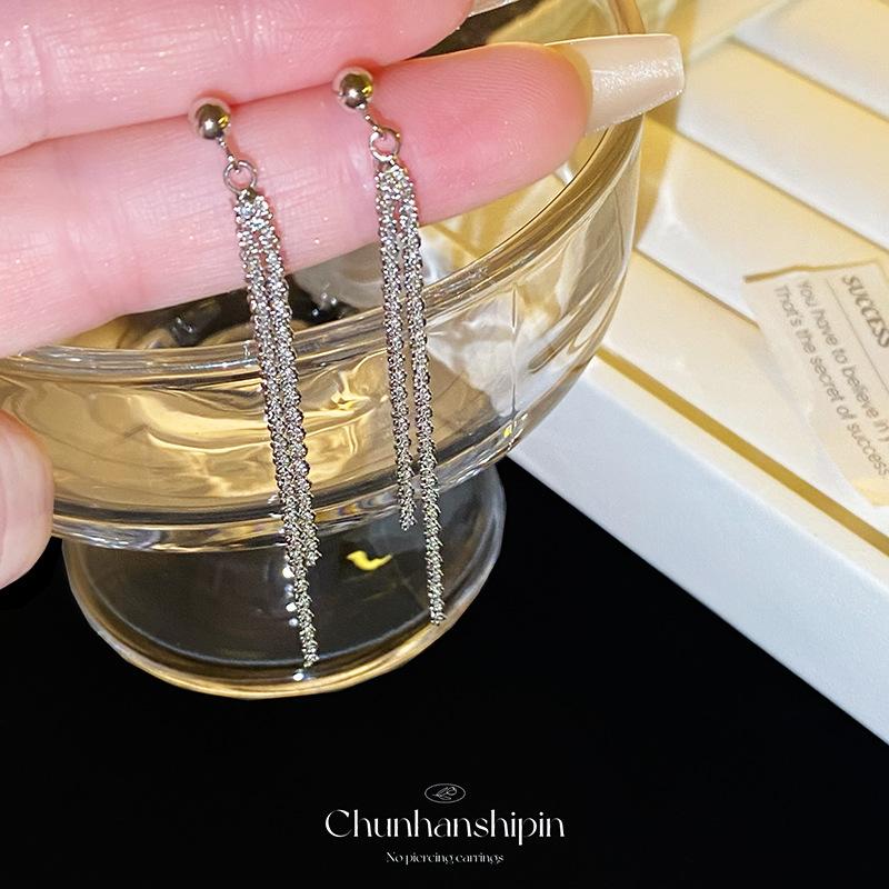 Silver fine flash tassel new thin face temperament ear clips niche design advanced sense mosquito coil disc without ear piercings