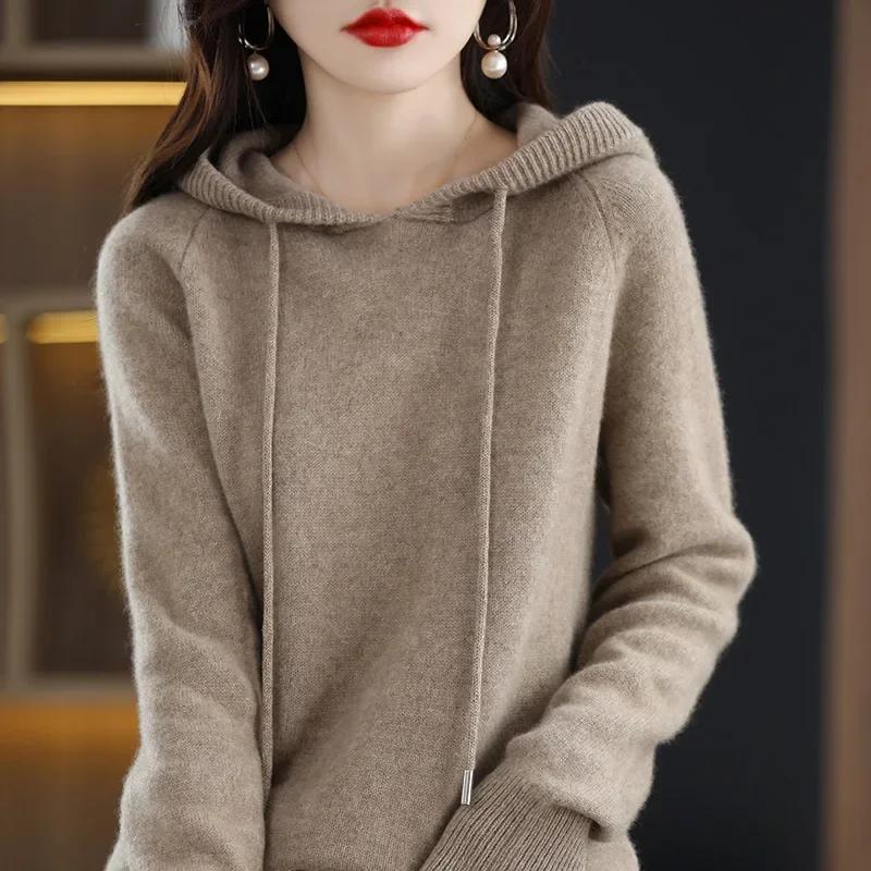 Pull à capuche pour femme, pull coréen ample, solide, manches longues, décontracté, automne hiver, épais, chaud, tricoté