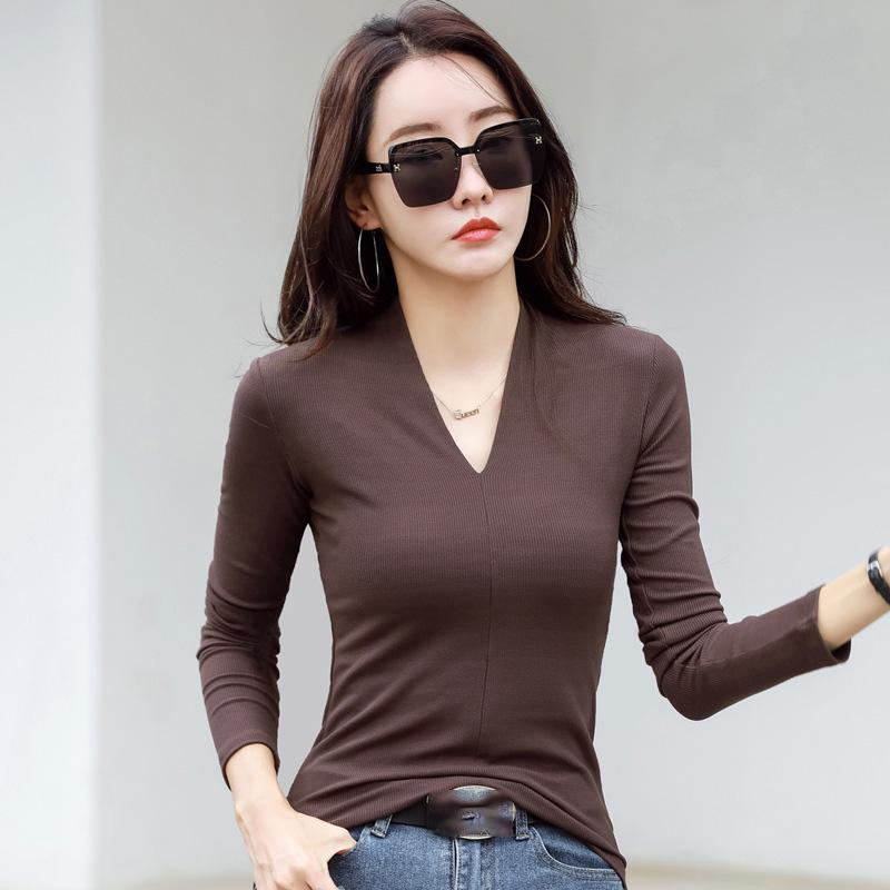 Women Solid V-Neck Plus Velvet Thicken Warm Long Sleeve T-Shirts Fashion Slim Pullovers Bottoming Shirt Tops