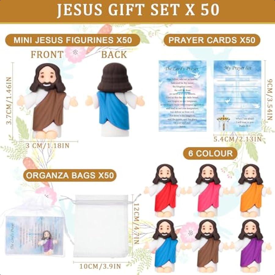 Barydat 50 Sets Mini Jesus Figures with Prayer Card and Bags Bulk Little Jesus Figurines Tiny Miniature for Religious Party Fav