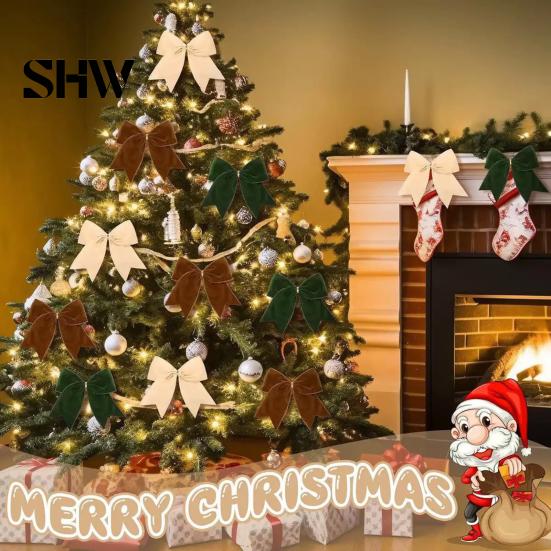 Retro Christmas Ornaments 2Pcs Tree Bow Decors, Velvet Fabric Holiday Wreath Hanging Ornament Decorations for Home, Festive Garland Wedding