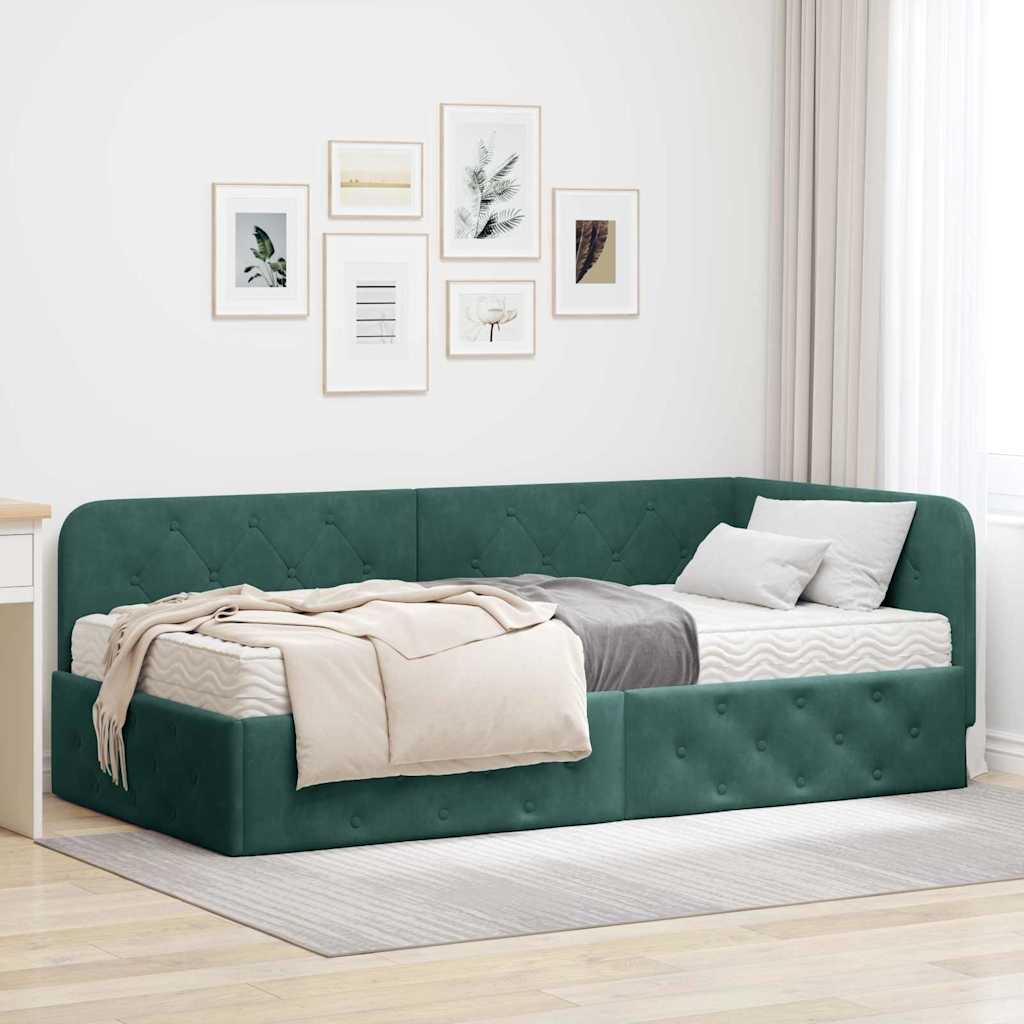 Corner Bed Frame Dark Green 90 x 190 cm Velvet