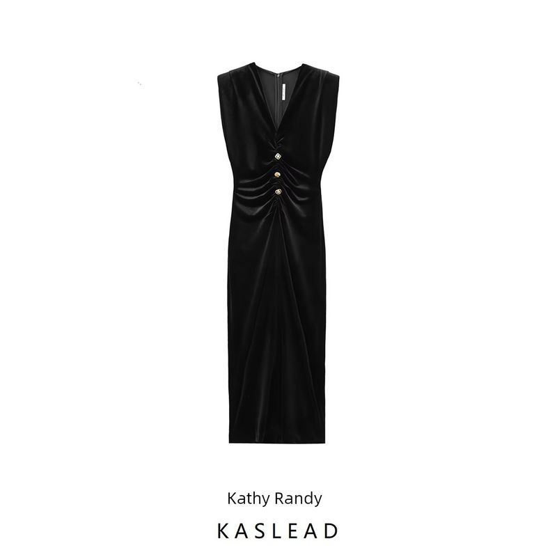 Kaslead New Arrival Women's Clothing Fashion Style Decorated Row Button Velvet V-neck Dress 9977185