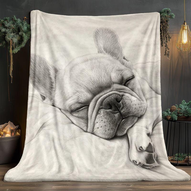 VIKAMA Sketch French Bulldog Flannel Throw Blanket Black White Pencil Dog Neutral Bedroom Camping Decor Gift Cover