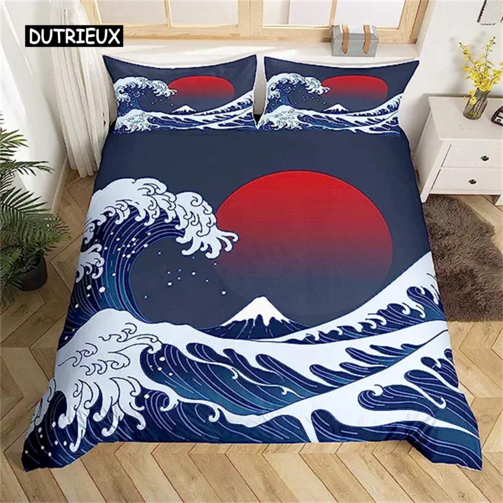 Duvet Cover Japanese Style Sea Ocean Waves Nautical Hand Drawn Japanese Style Cover Illustration Ukiyoe Themed Decor Blue Cream