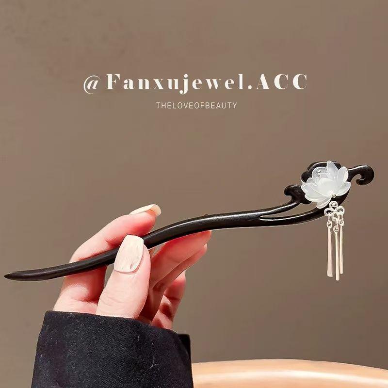 Traditional Double-Sided Lotus Sandalwood Hairpin with Tassels for Women - Chinese Qipao Hair Accessory
