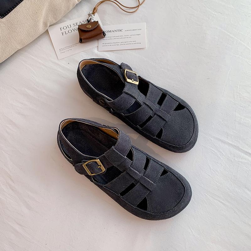 

Римские босоножки Баотоу Женские 2025 Новые Летние Сказочный Ветер Полые Универсальные На толстой подошве Матовая кожа Пляжная обувь 40