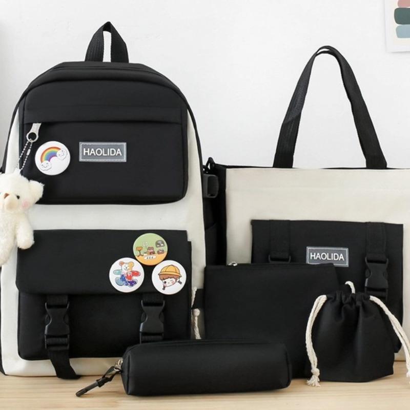 Large Capacity Canvas Backpack For High School Students Korean Version For Women Set Of 5 Pieces University Student Autumn New