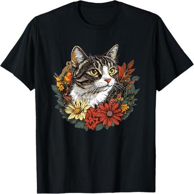 Getigerte Katze umgeben von bunten Blumen T-Shirt