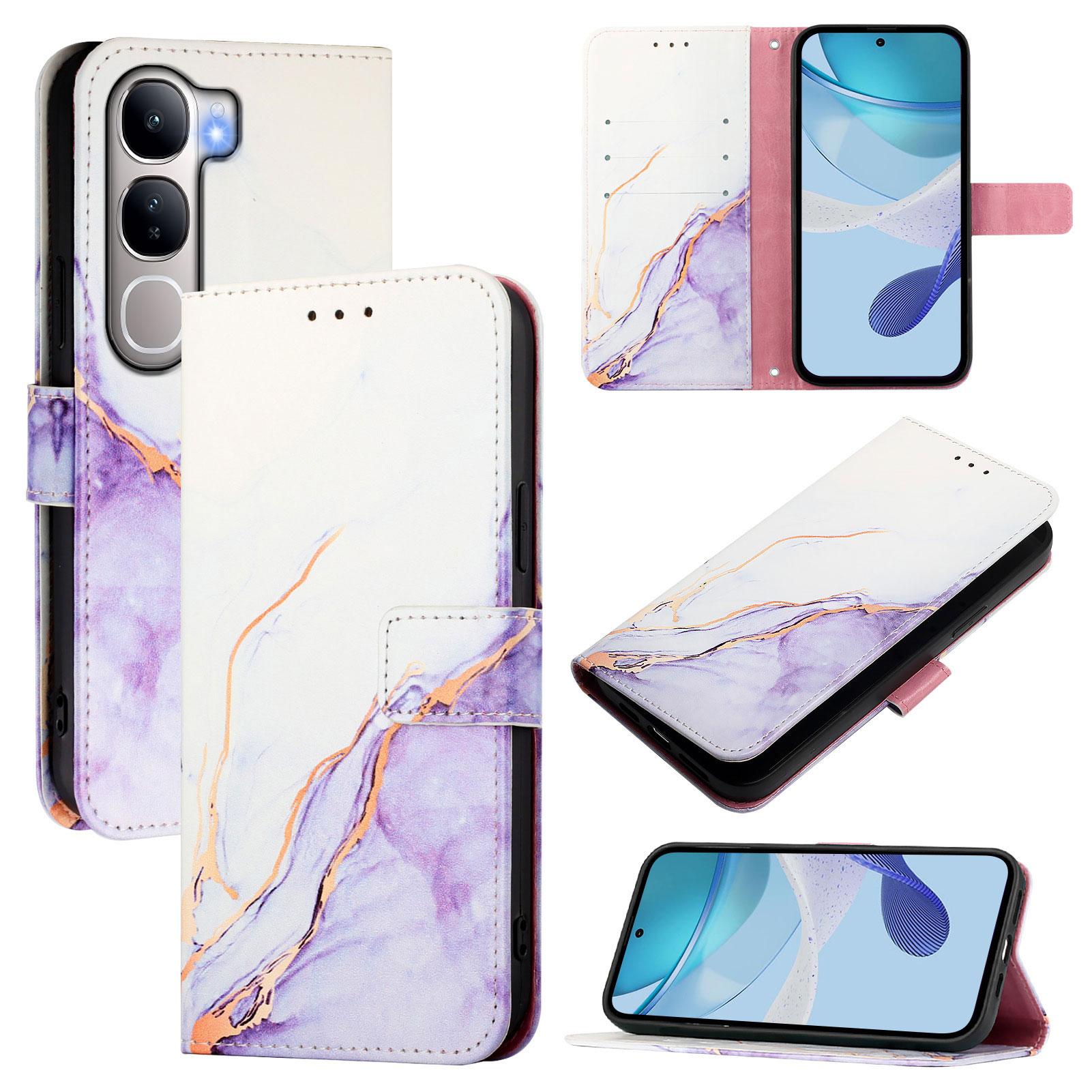 

For vivo V40 Lite 5G/vivo Y300 5G Case with Strap Marble Pattern Leather Phone Cover Card Holder White/Purple LS006