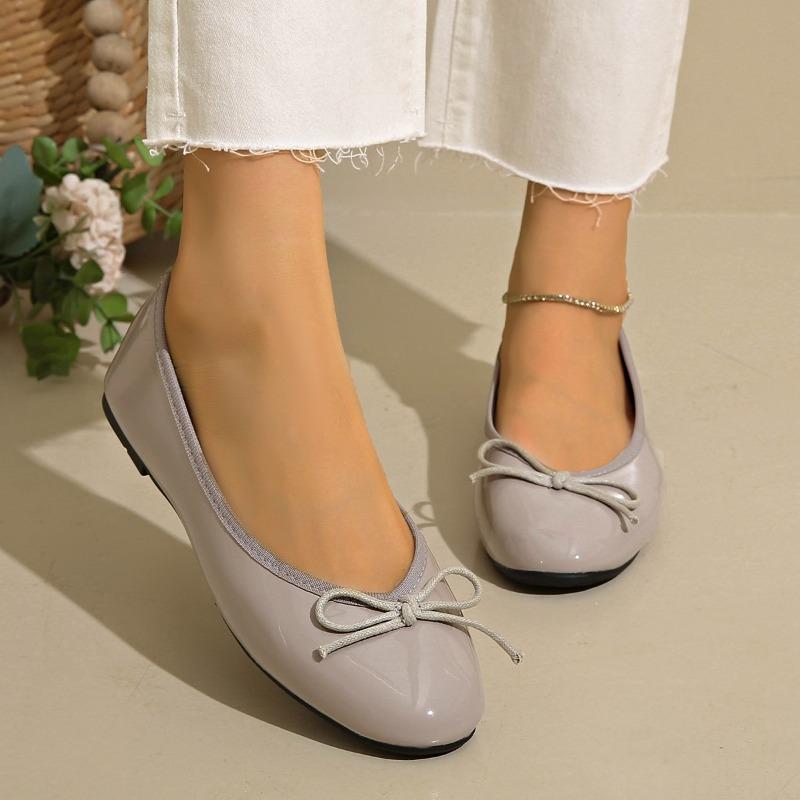 Fashion Simple Flat Single Shoes Women's Fashion Round Toe Light Mouth Patent Leather Bow Slip Soft Sole Non-Slip Low Top Shoes