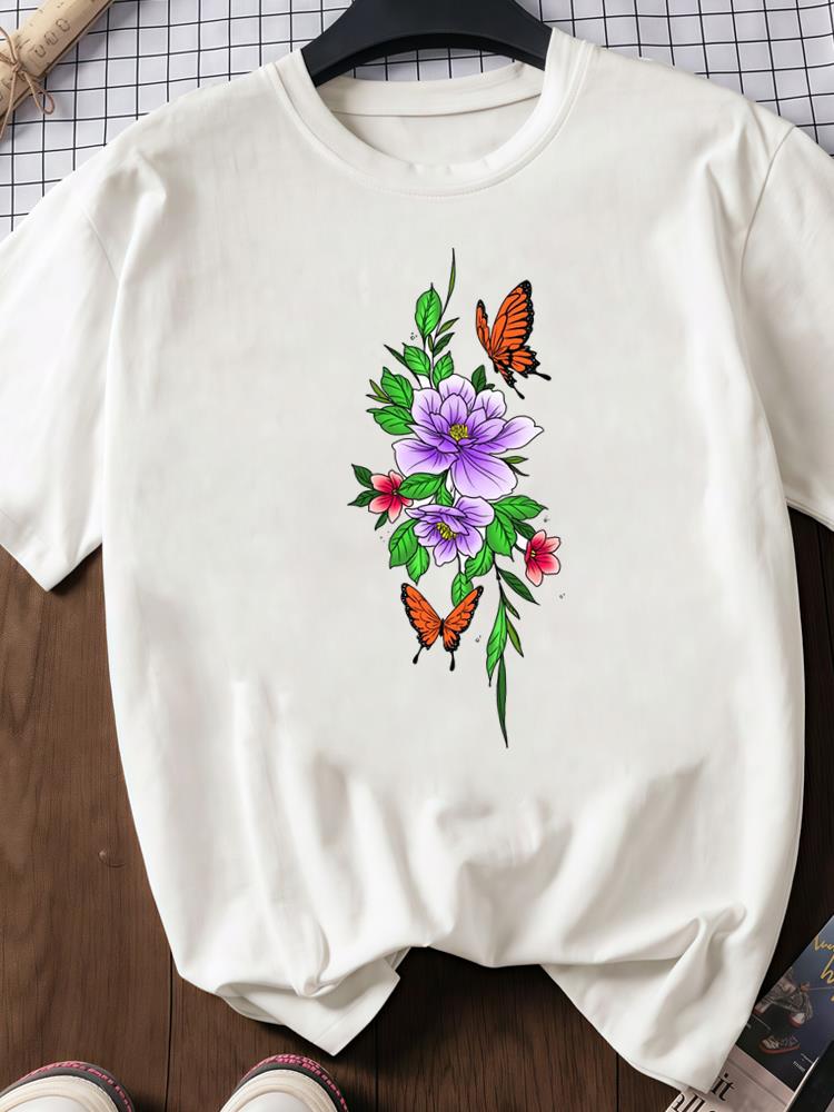 (Asian Size) Trend Sweet Flower 90s Print O-neck Short Sleeve T-shirts Fashion Female Casual Women's Top T Clothing Graphic Tee