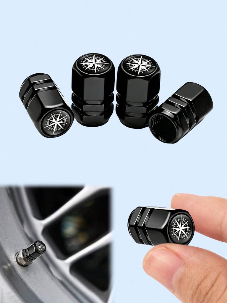 4Pcs Compass Aluminum Alloy Valve Caps, Hex Leak-Proof Tire Valve Covers, Stylish Wheel Hub Accessories