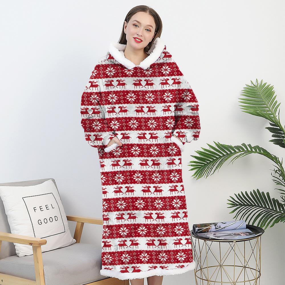 

Женское зимнее теплое одеяло с разноцветным принтом рыбьей чешуи, повседневный халат с капюшоном, длинная домашняя одежда с карманами красный