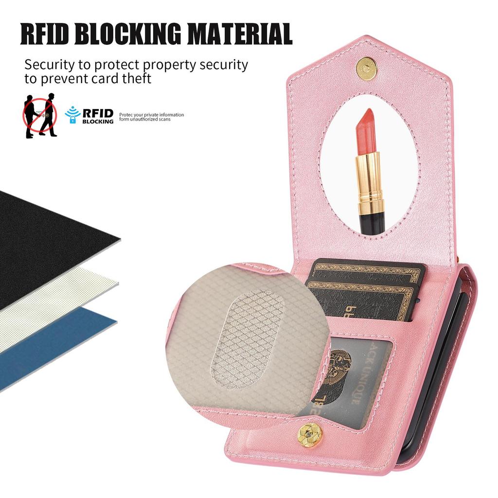Samsung Z Flip Leather Flip Cover with Card Holder, Lanyard, Mirror, Anti-Theft - Compatible for Z Flip5, Flip4, Flip3.