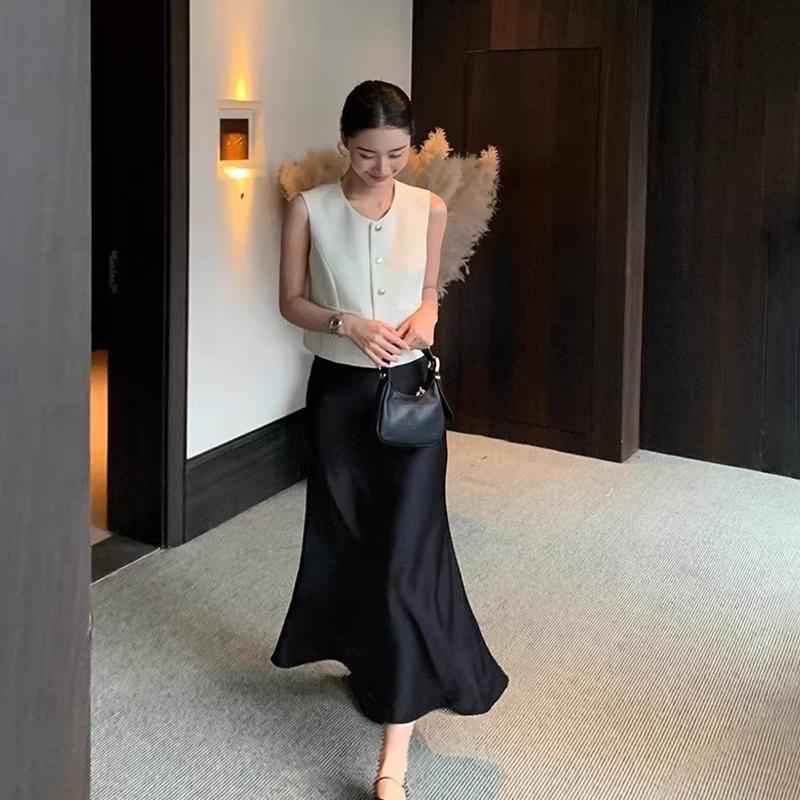 Dames fransk rund hals enkeltspent dobbel lomme ermeløs avslappet strikket vest