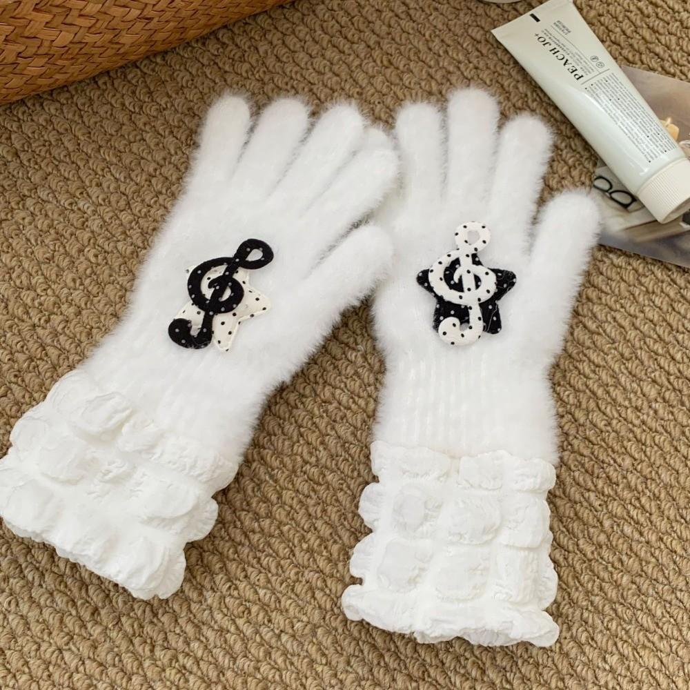 Star Bear Patch Design Full Finger Gloves Thick Plush Winter Gloves  Cold Weather