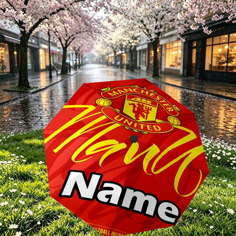 Custom Name Personalized Manchester Football F.C Print Umbrella, Auto Open Close, 8‑Rib Sturdy Frame, Commute Camping Hiking Use, Birthday Gift