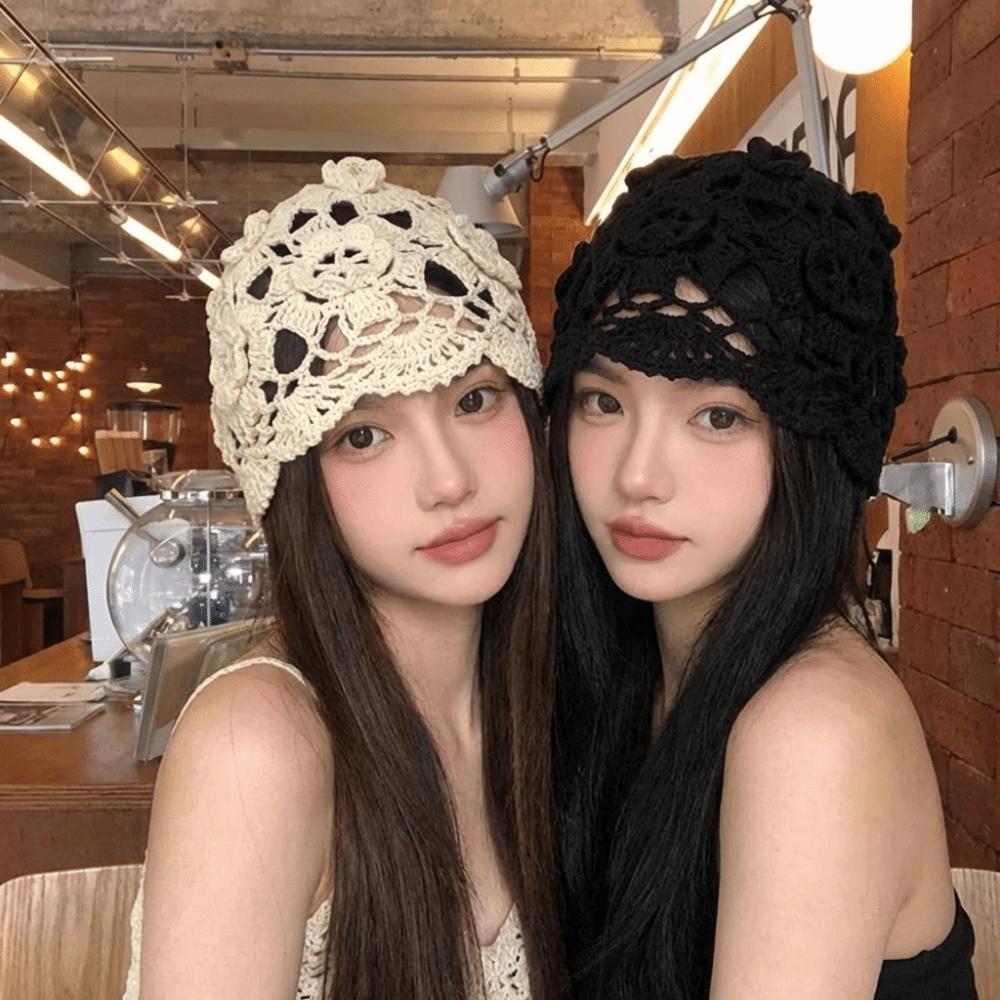 Bohemian Style Hollowed Out Beanie Cap Thin Woven Cap Sweet Crochet Flower Knitted Hat  Ladies