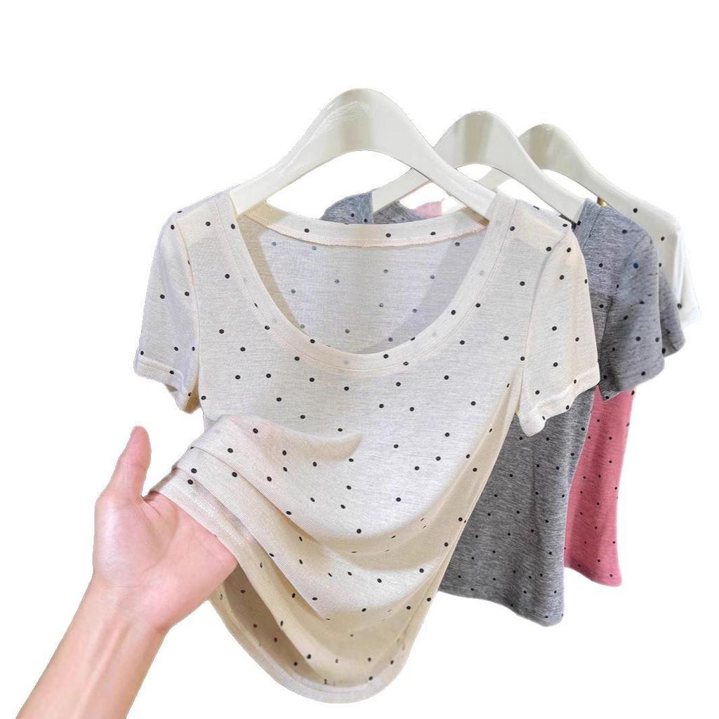 Women's Ultra-Thin Polka Dot Low-Neck Short-Sleeve Knit Top for Summer 2024