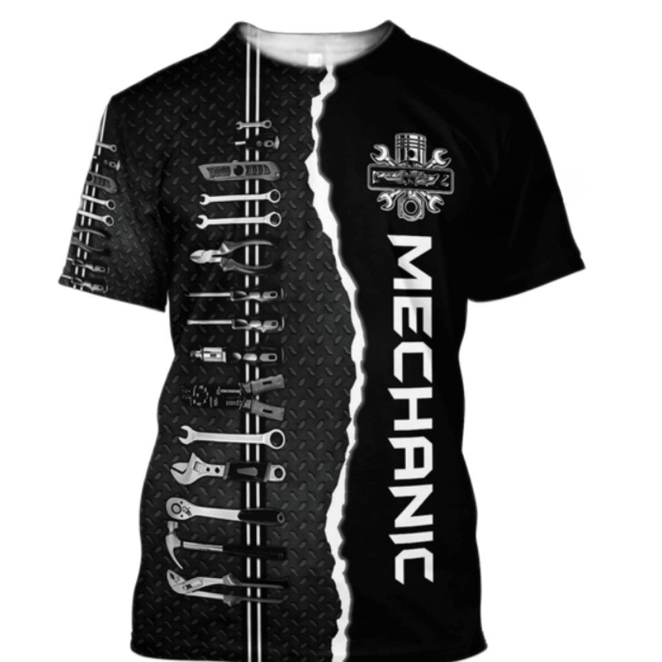 Mechanic 3D Printed Short Sleeved T-shirt Summer Breathable Polyester Simple Round Neck Top