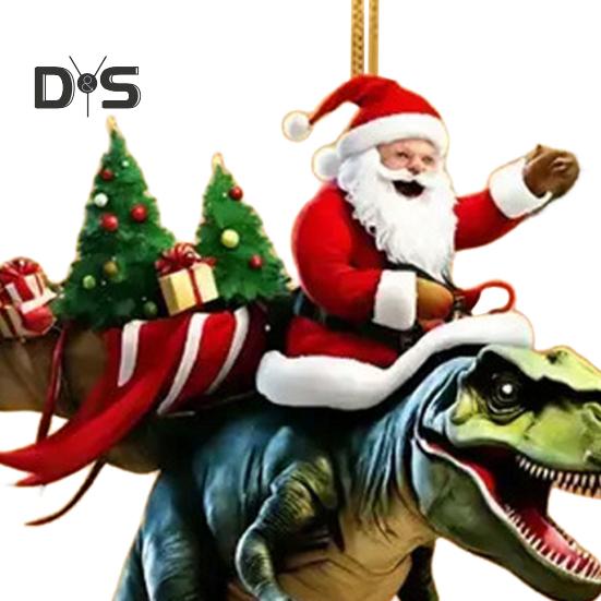 Christmas Pendant Santa Claus On Dinosaur Ornament 2D Flat Acrylic Hanging Decoration for Christmas Tree Mantel Decor