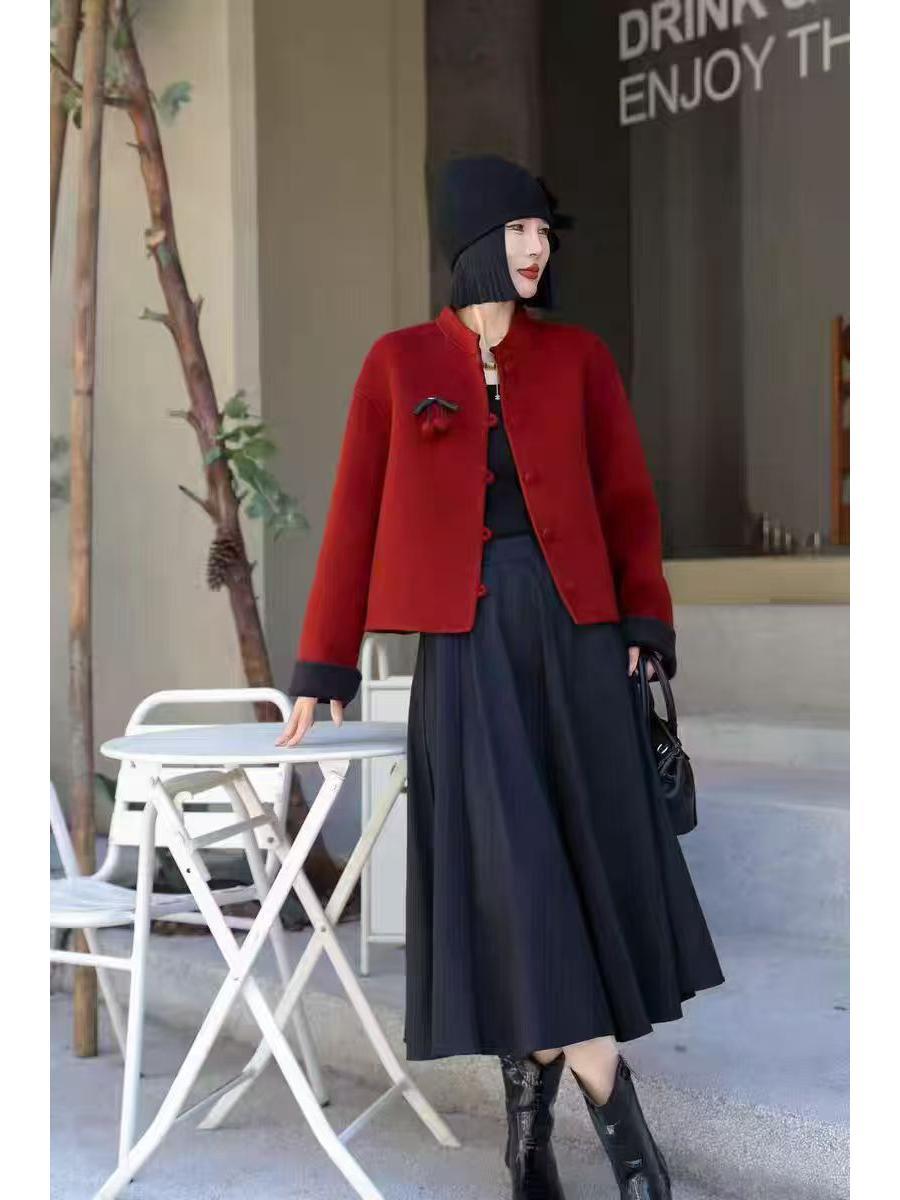 

Женское двустороннее кашемировое пальто 2025 года - короткое, высокого класса, в китайском стиле, из тонкой шерстяной смеси S 80-110 jin