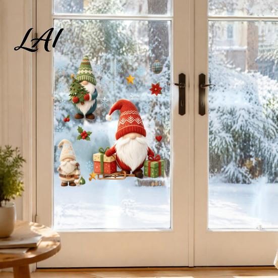 Reusable Static Decals Christmas Gnome Window Cling Waterproof Snowflake Glass Decal PVC Faceless Dwarf Sticker for Holiday Decoration Festive