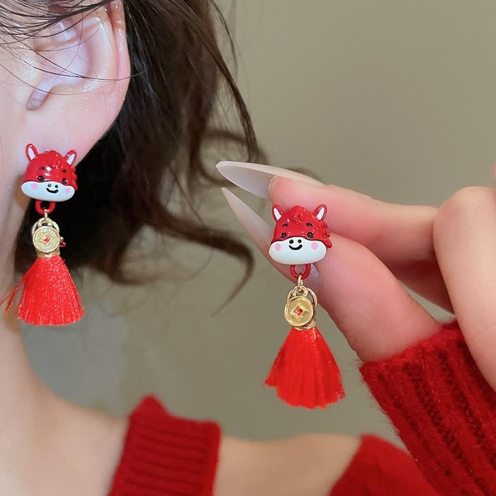 Cartoon Horse Red Pony Earrings Flocking Horse Mascot Drop Earrings New Year Horse Earrings  Girls