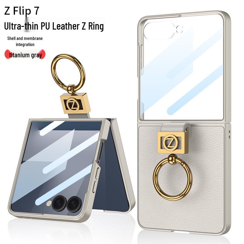 Samsung Z Flip7 Ultra-Thin Premium Leather Ring Case - Elegant, Solid Color Protective Cover