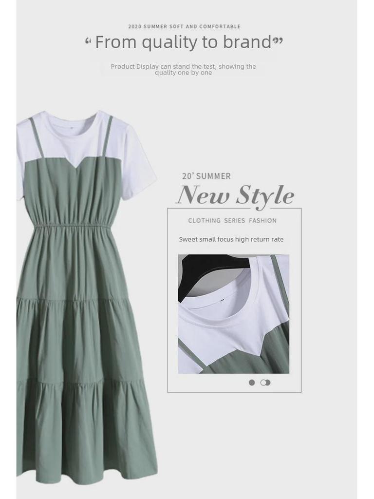 Plus Size Women's Summer Faux Two-Piece Short-Sleeve Slimming Dress