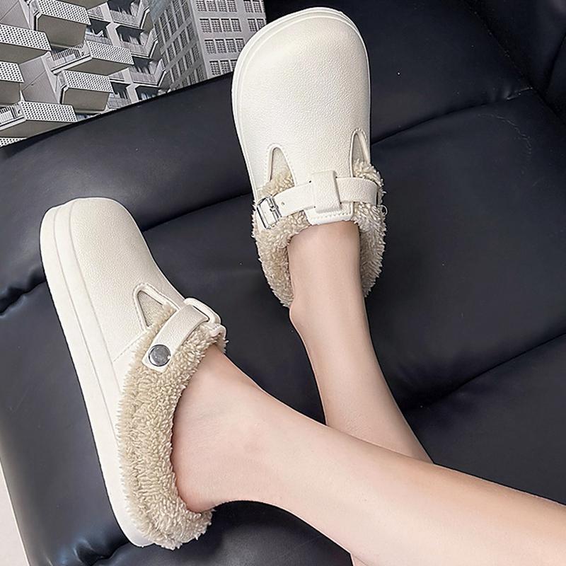 Men Women Slippers Waterproof Eva Warm Furry Slippers Women Winter Metal Buckle Warm Plush Slippers Soft Thick Bottom Non Slip Indoor Slides