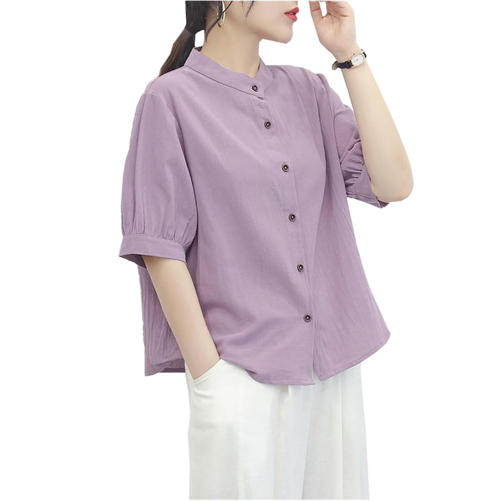 short round for loose fit [zuevichn] Women's T-shirt, sleeve, button-down shirt, top, neck, cut-and-sew, thin, breathable, commuting, (purple, XL)