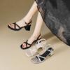 Augustine thick-heeled sandals women 2025 new summer wear pearl one-word buckle French fairy wind cool slippers