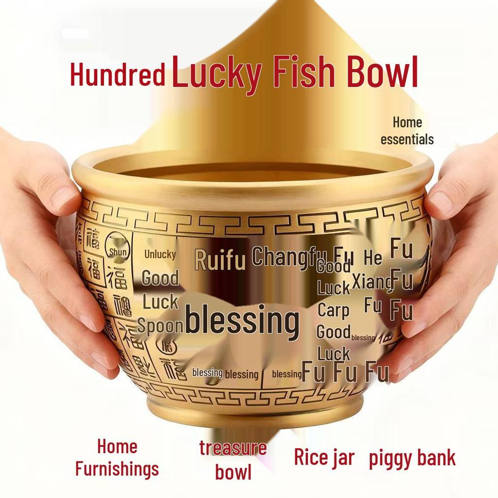 Brass Feng Shui Wealth Jar - Hundred Blessings Piggy Bank & Copper Rice Jar Ornament