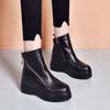 Women's Winter Leather Wedges Thickened Cotton Boots Thick Sole Non Slip Round Toe Waterproof Plush Warm Zippers Ankle Boots