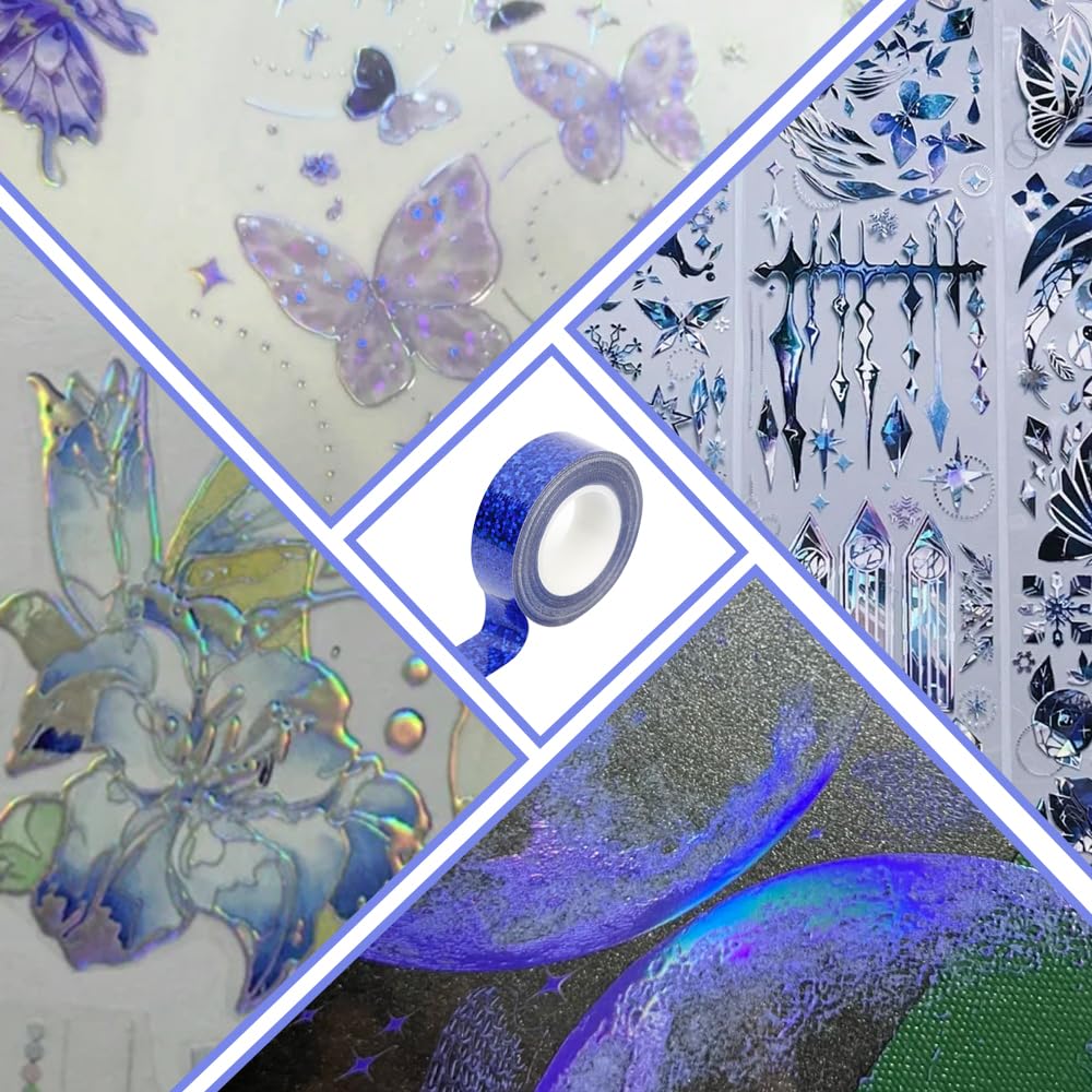 Holographic Glitter Masking DIY High High Gift Packaging 5m Pack of Blue and Silver Tape, Tape, Accessories, Decorative, Brightness, Reflectivity,