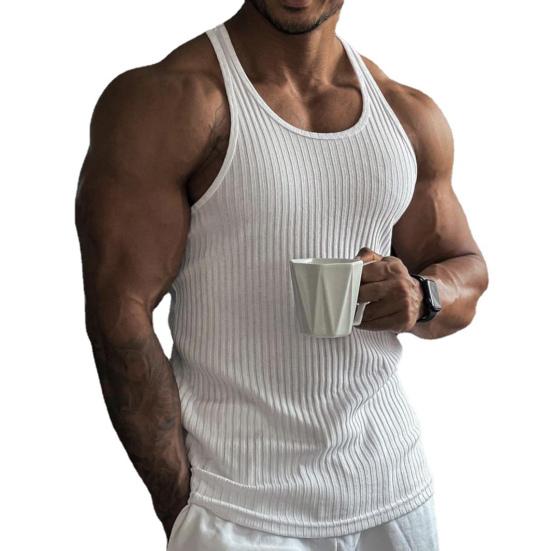 Pánská tílko s kulatým výstřihem, bez rukávů, se zádovým výstřihem, letní, žebrované, jednobarevné, fitness tílko