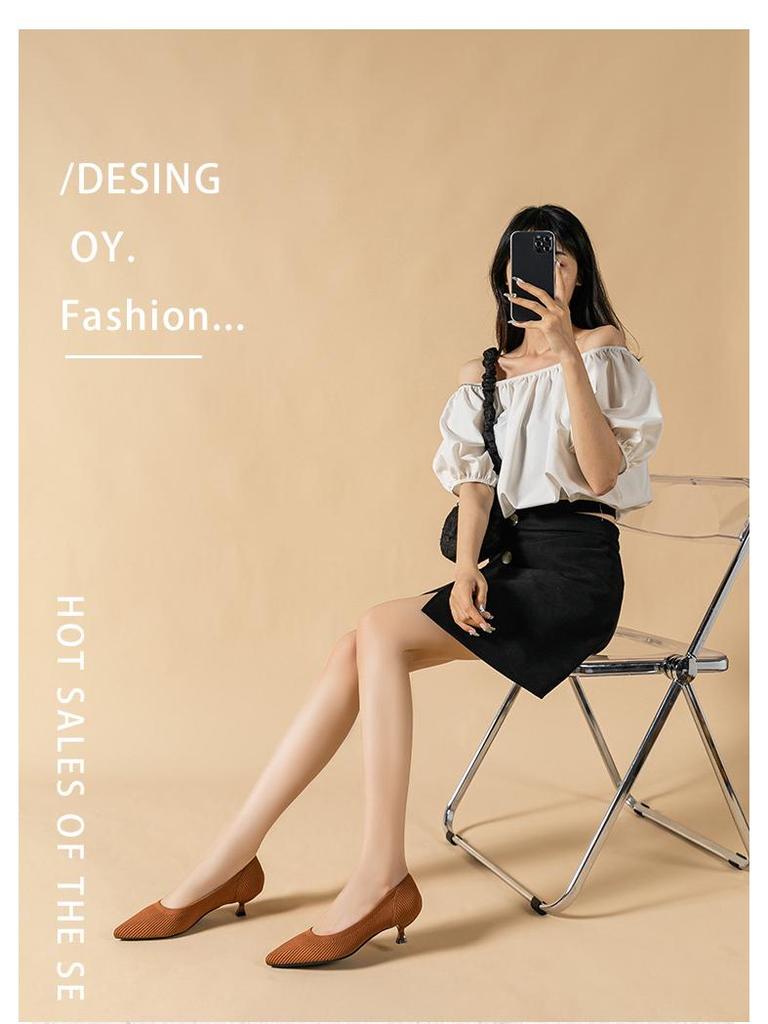 Women's Pointed Toe Kitten Heel Knit Shoes - Soft Sole, Medium Height, Comfortable and Trendy